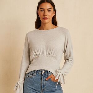 Ruched Waist Knit Top Gray Tie Cuff Long Sleeve French Connection XS